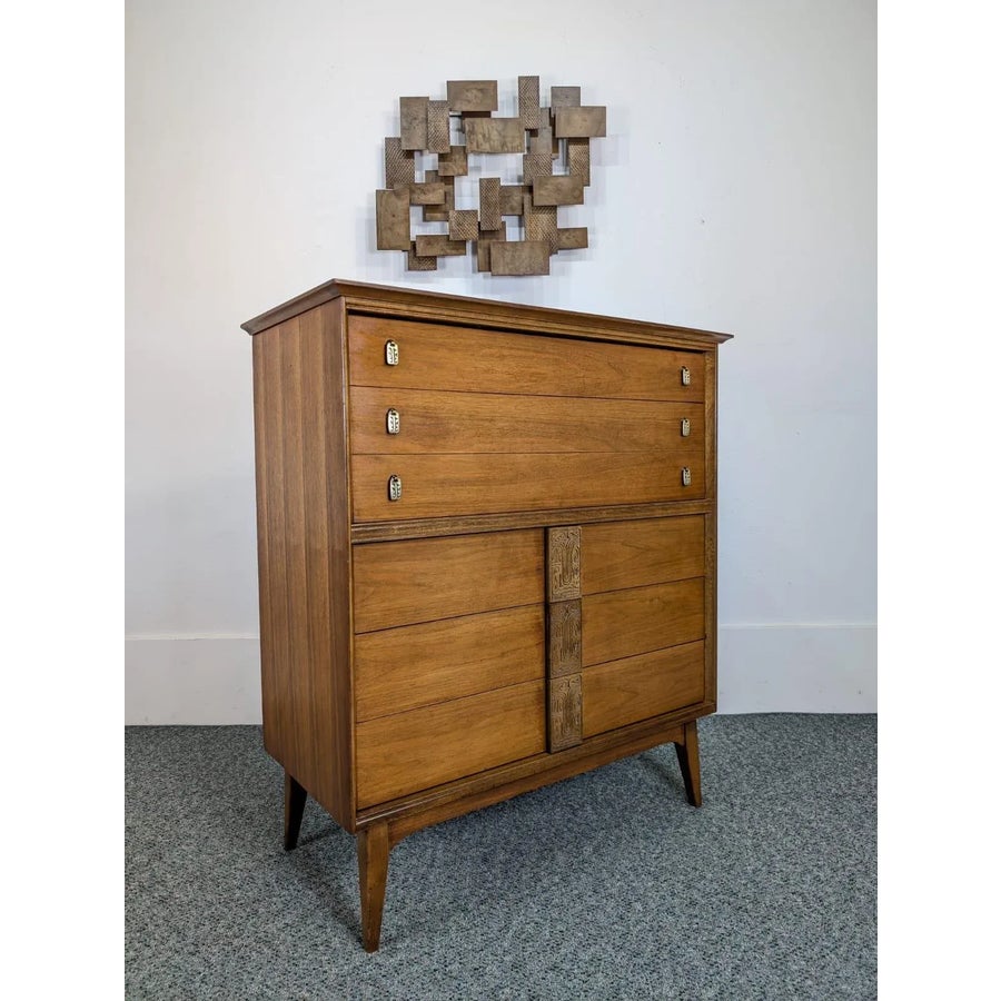 1960s Mid Century Modern Bassett Mayan 6 Drawer Walnut Highboy