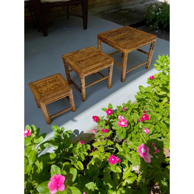 Vintage Burnt Bamboo Nesting Plant Stands / Tables - Set of 3 For Sale - Image 12 of 12