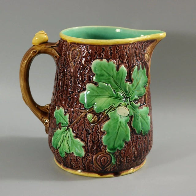 Victorian Minton Majolica Oak Jug/Pitcher With Snail Handle For Sale - Image 6 of 12