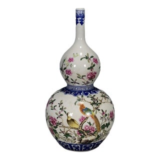 Chinese Blue & White Famille Rose Porcelain Double Gourd Vase With Bird Motif For Sale