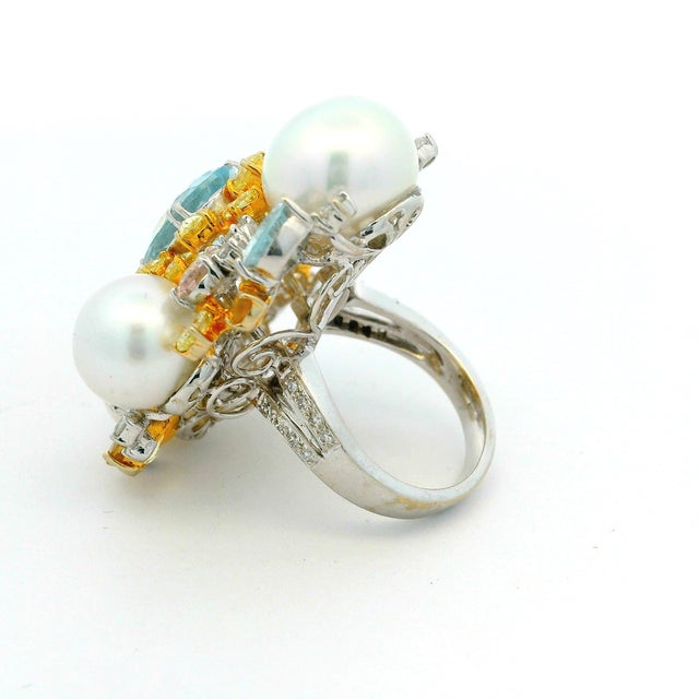 1980s 18k White Gold Aquamarine Multi-Gem Pearl Diamond Cluster Cocktail Ring, Size 6.75 For Sale In Miami - Image 6 of 10