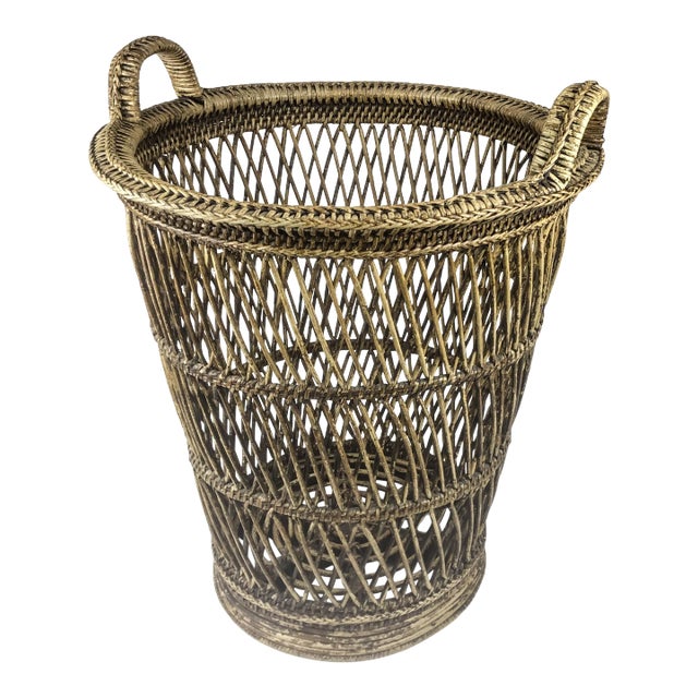 Tall Rustic Rattan Hamper Bin Basket For Sale