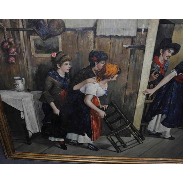Rustic Spanish Artist, Blindfold Scene, 1980s, Large Oil on Canvas, Framed For Sale - Image 3 of 12