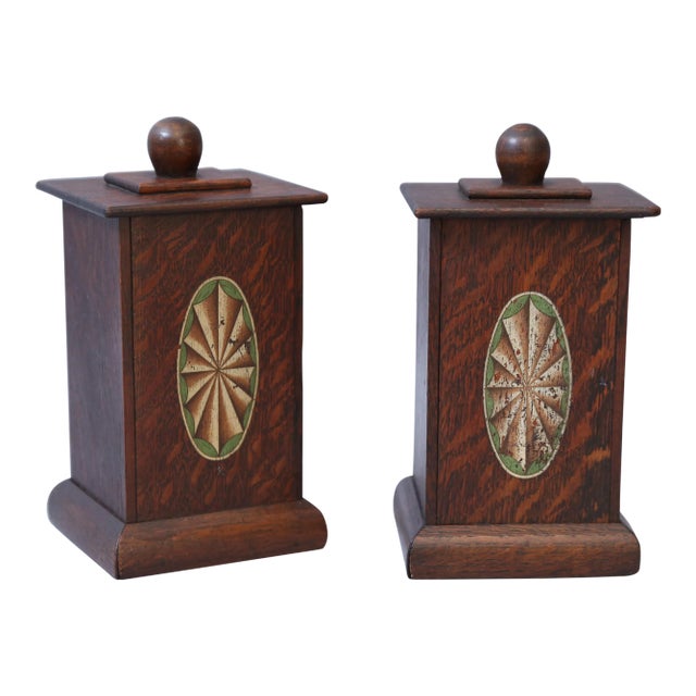 English Oak Lidded Tea Boxes With Faux Inlay - a Pair For Sale