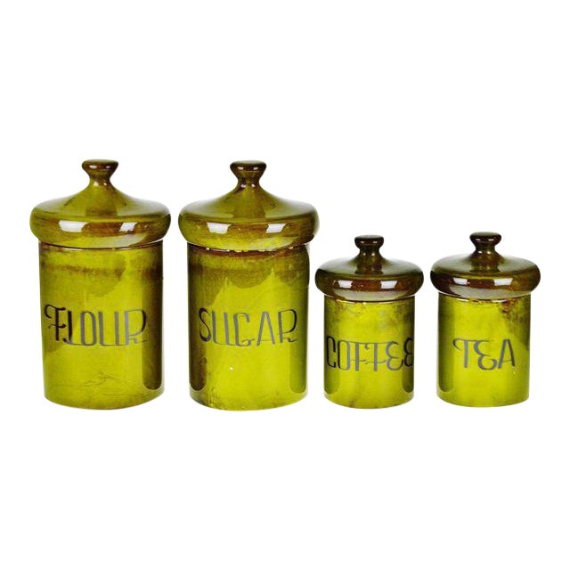 Vintage 1970 S Ceramic Canister Set Sugar Flour Coffee Tea Rustic Avocado Green Chairish