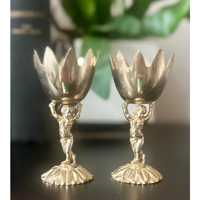 1960s Vintage Renaissance Style Cherub/ Putti Gold Plated Metal Candle Holders, Eggs Cups - A Pair For Sale - Image 5 of 12