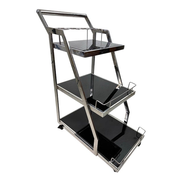 Vintage Chrome and Black Glass Bar Trolley After Ralph Lauren For Sale