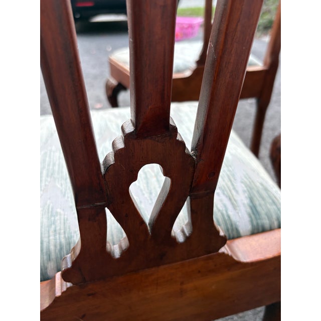 Textile Antique Chippendale Carved Ball and Claw Foot Upholstered Dining Chairs- A Set of 6 For Sale - Image 7 of 12