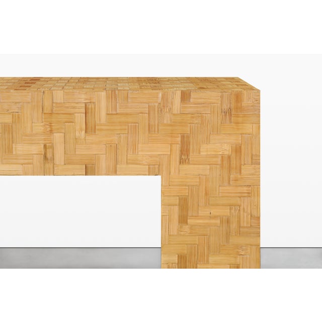 Vintage Postmodern Bamboo Parquet Waterfall Console Table For Sale - Image 4 of 13