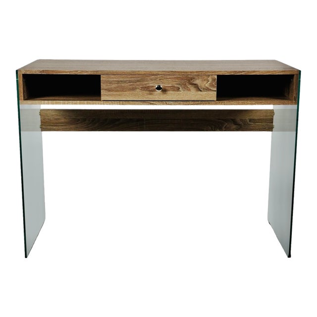 Modern Glass Waterfall Writing Desk / Minimalist Faux Bois Console With Drawer For Sale