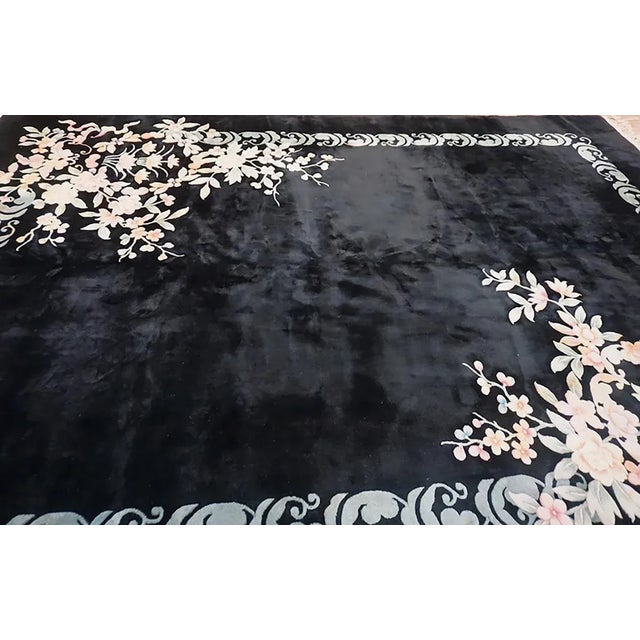 1930s Antique Black Color Minimalist Open Field Chinese Art Deco Rug For Sale - Image 4 of 9