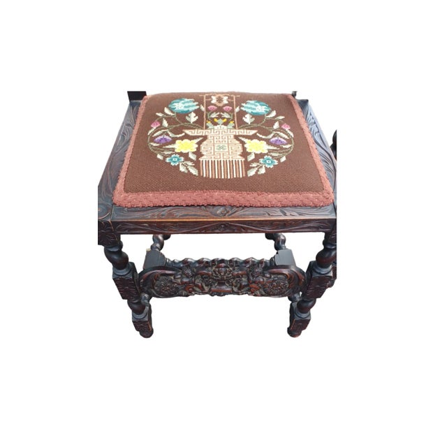 Early 20th Century Vintage Pair of Jacobean Wooden Carved and Embroidered Chairs For Sale - Image 5 of 6
