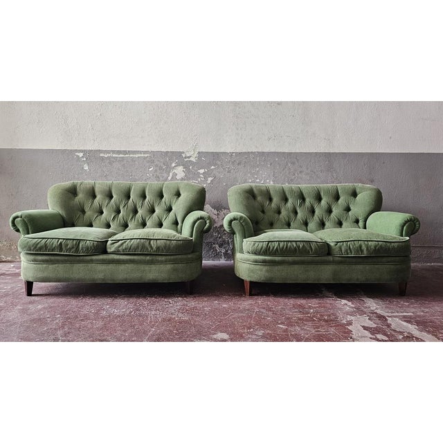 Vintage Chesterfield Style Sofas in Green Fabric, Set of 2 For Sale - Image 14 of 15