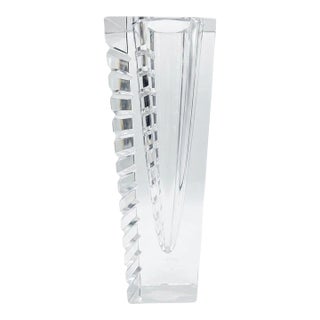 Signed Orrefors Sweden Modern Architectural Cut Crystal Prism Vase - 8.5" For Sale