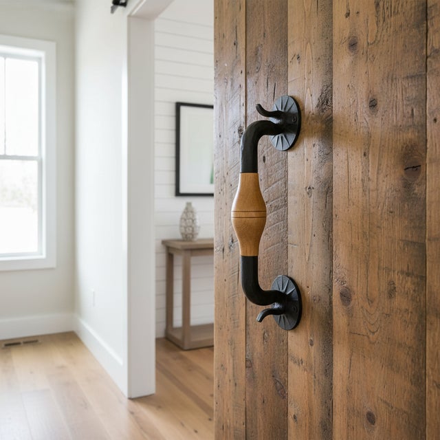 Farmhouse Hand-Forged Wrought Iron Door Pull Handle (Wood Grip) Rustic Farmhouse Entry Hardware For Sale - Image 3 of 5