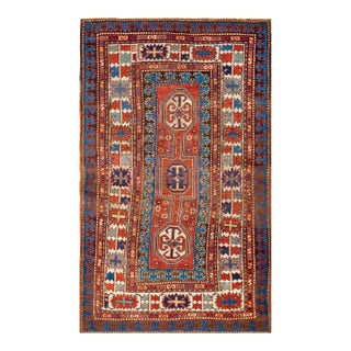 1880s Red Geometric Tribal Antique Caucasian Kazak Rug 4' X 6'5" Handknotted Wool Carpet For Sale