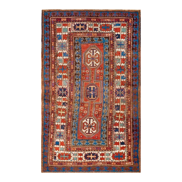1880s Red Geometric Tribal Antique Caucasian Kazak Rug 4' X 6'5" Handknotted Wool Carpet For Sale