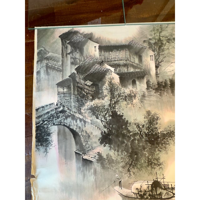 Traditional Chinese Ink Wash Scroll Painting ( Shui Mo Hua ) Village Scene , Signed For Sale - Image 4 of 8