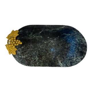1990s Green Marble With Brass Grape Leaf Serving Footed Board For Sale