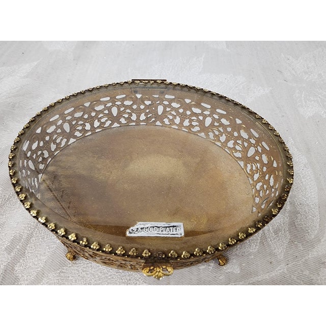 Vintage 24k Gold Plated Vanity Box With Glass Lid. For Sale - Image 4 of 6
