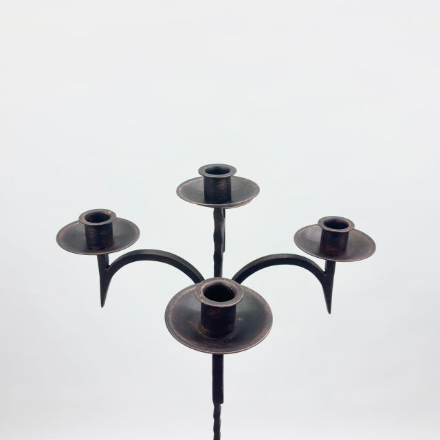 Hand Forged Iron Floor Candelabra 49″ (124cm) Antique Copper Patina 5-Arm Classic Candle Holder Gothic Church Decor For Sale - Image 6 of 8