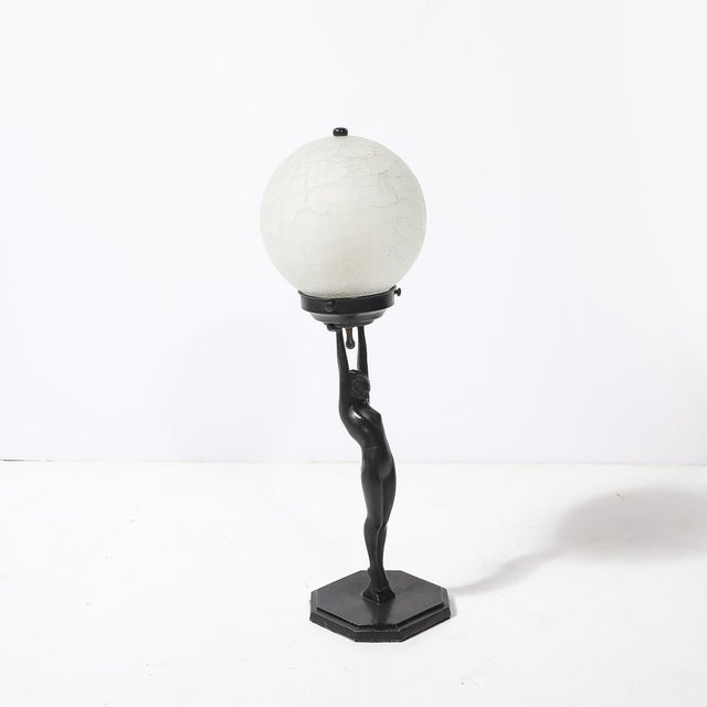 Frankart Art Deco Frankart L210 Nude Bronze & Craqueleur White Glass Shade Table Lamp For Sale - Image 4 of 18