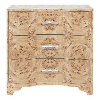 Matthew Izzo Home Calvin Light Burlwood Three Drawer Side Table With Acrylic and Brass Drawer Pulls For Sale