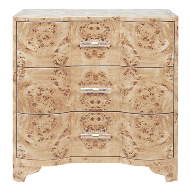 Matthew Izzo Home Calvin Light Burlwood Three Drawer Side Table With Acrylic and Brass Drawer Pulls For Sale