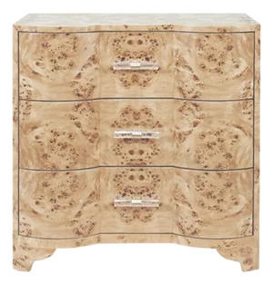 Matthew Izzo Home Calvin Light Burlwood Three Drawer Side Table With Acrylic and Brass Drawer Pulls
