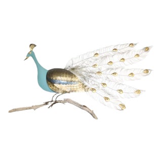 Brass Blue Peacock on Branch Wall Sculpture For Sale