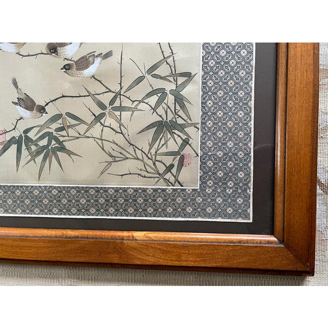 Textile Mid 20th Century Vintage Chinese Birds and Bamboo Painting on Silk, Framed For Sale - Image 7 of 9
