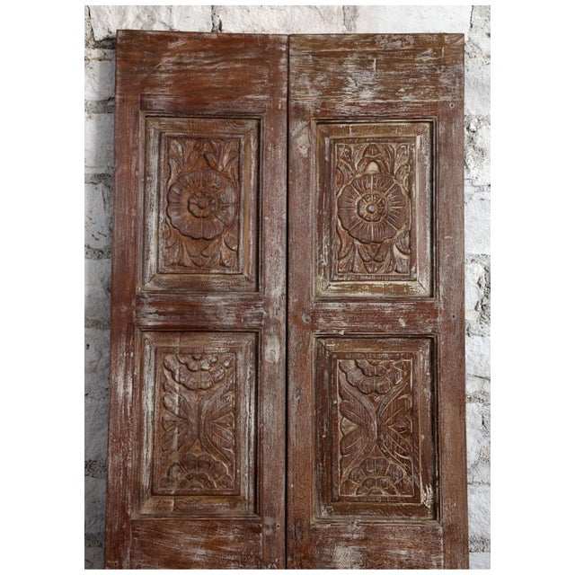 Antique Floral Carved Double Doors – Rustic Farmhouse Barn Door Statement 80x35 For Sale - Image 4 of 5