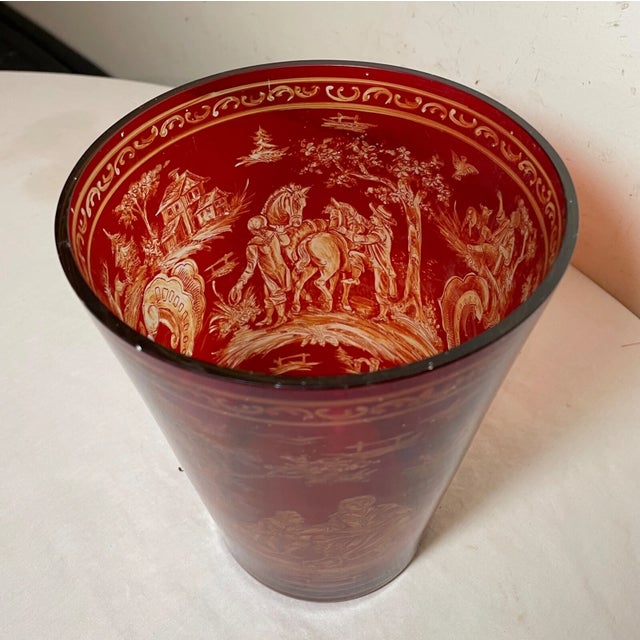 Antique 1865 Hand Painted Bohemian Cranberry to Clear Glass Crystal Bucket Vase For Sale - Image 13 of 14