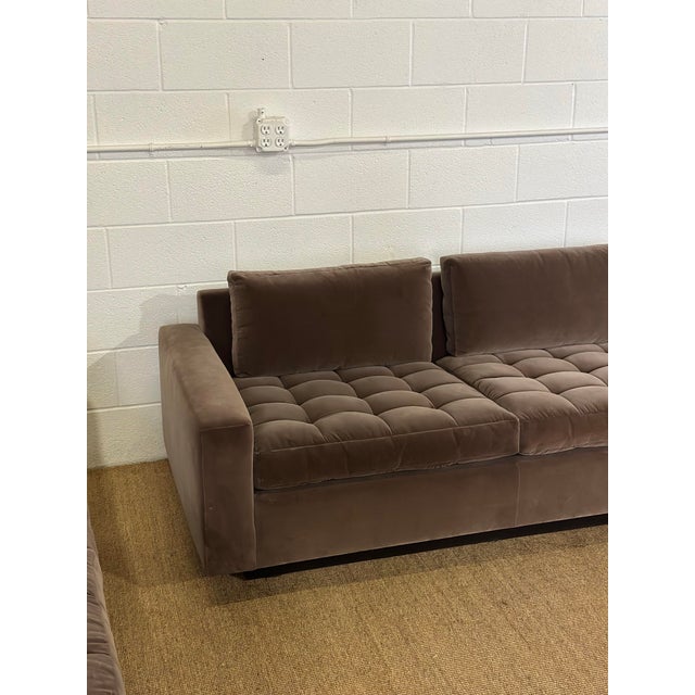 Harvey Probber Tuft Mocha Brown Donghia Velvet Recessed Three-Seater Sofas – a Pair For Sale - Image 10 of 11