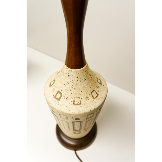 Mid Twentieth Century Modern Table Lamps Ceramic and Walnut - a Pair For Sale In Louisville - Image 6 of 9