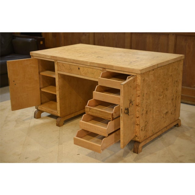 English Desk in Birch Burl with Bee Motif Marquetry, 1950s For Sale - Image 4 of 14