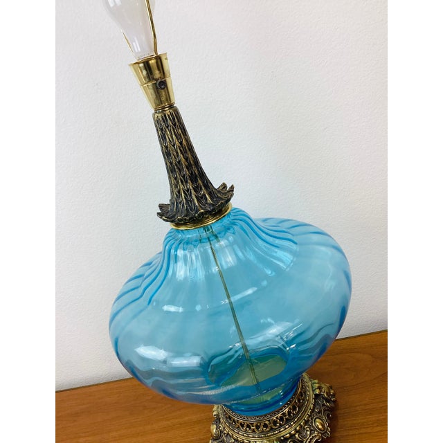Metal Vintage 1970s Tall Aqua Blue Glass & Brass Hollywood Regency Lamp & Shade For Sale - Image 7 of 9