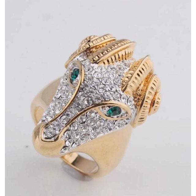Contemporary 18k Gold Plate Cz Pave Green Faux Emerald Eyes Ram Head Ring Size 9 For Sale - Image 3 of 4