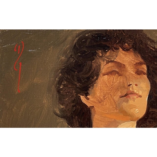 This oil on board painting presents a nude figure seated in a relaxed pose, with soft, warm tones highlighting the...