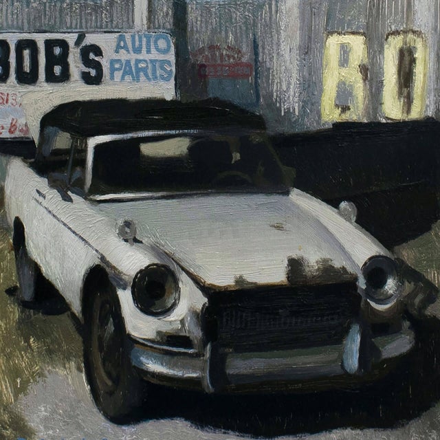 This artwork depicts a vintage car parked in front of a nostalgic auto parts shop, framed by a bright blue sky and a...