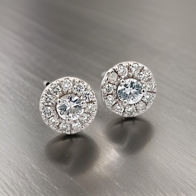 Traditional Natural White Sapphire Diamond Stud Earrings 14k W Gold 1.26 TCW Certified For Sale - Image 3 of 8