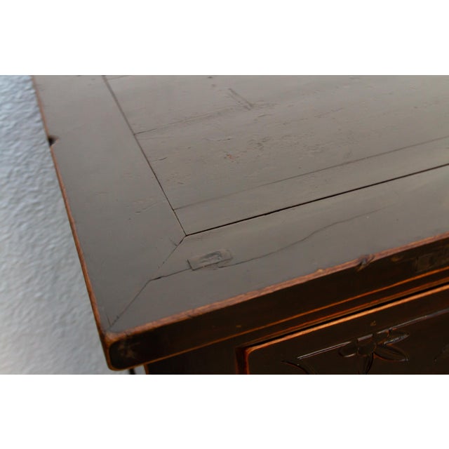 Wood Mid-Century Carved Blossom Black Asian Cabinet For Sale - Image 7 of 14