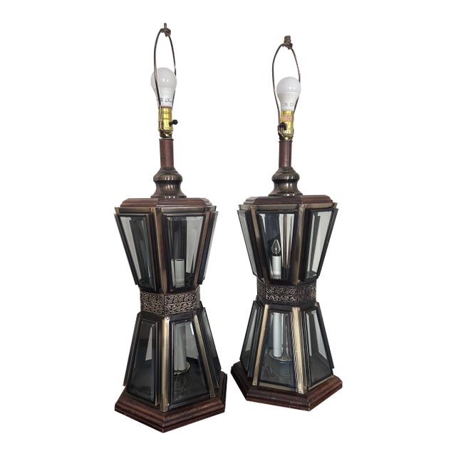 1970's Hollywood Regency Smoked Glass Lantern Table Lamps by American Lamp Co. - A Pair For Sale