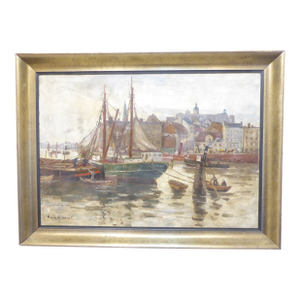 Vintage Dutch School Painting of Harbor