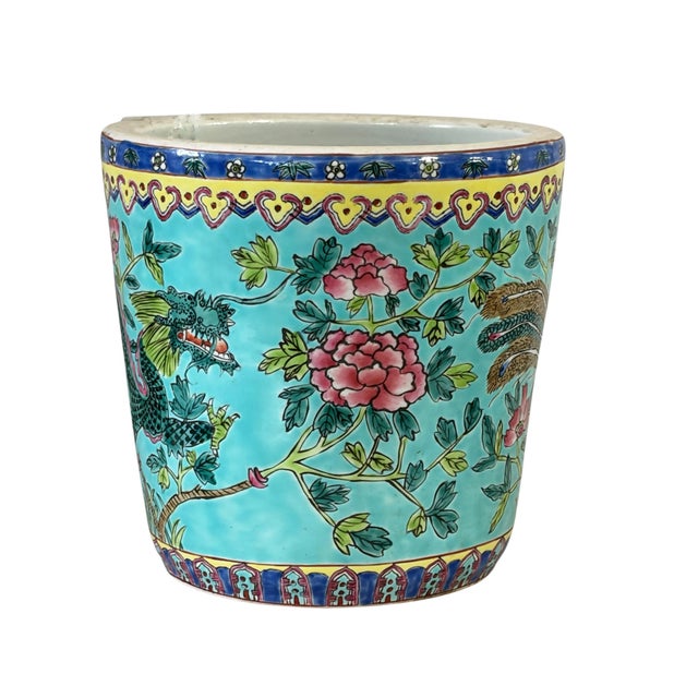 Antique Chinoiserie Famille Rose Porcelain Jardiniere With Turquoise Glaze 8"h For Sale - Image 12 of 12