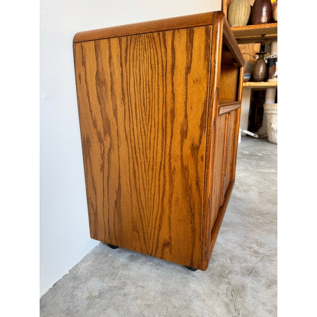 Wood Mid-Century Modern Tambour Door Serving Cart or Tv Stand on Wheels/ Sold For Sale - Image 7 of 12