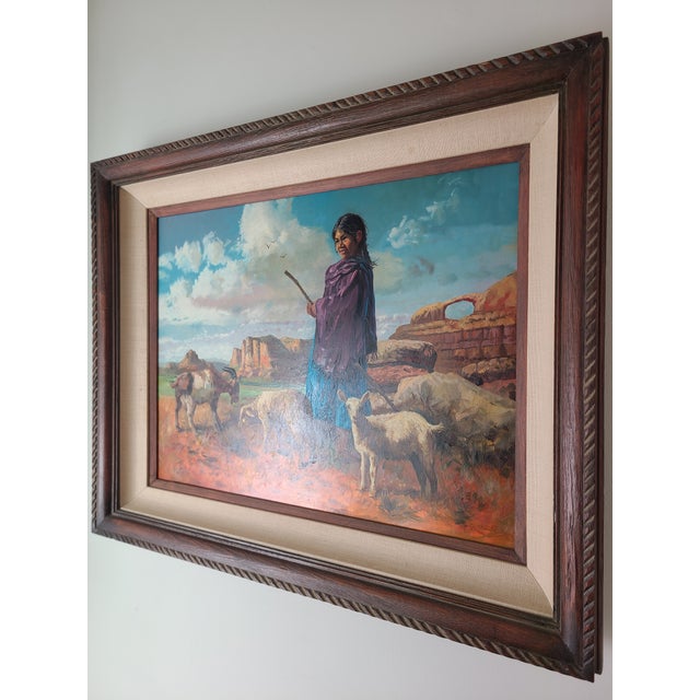 1970s Filastro Mottola Pastoral Oil Painting Native American Navajo Girl Sheep Desert For Sale - Image 12 of 15