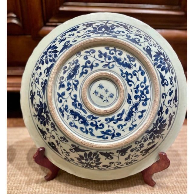 Ceramic Pair of Oversized Chinese Blue & White Porcelain Charger Plates With Dragon & Phoenix Motif – 17.4” For Sale - Image 7 of 12