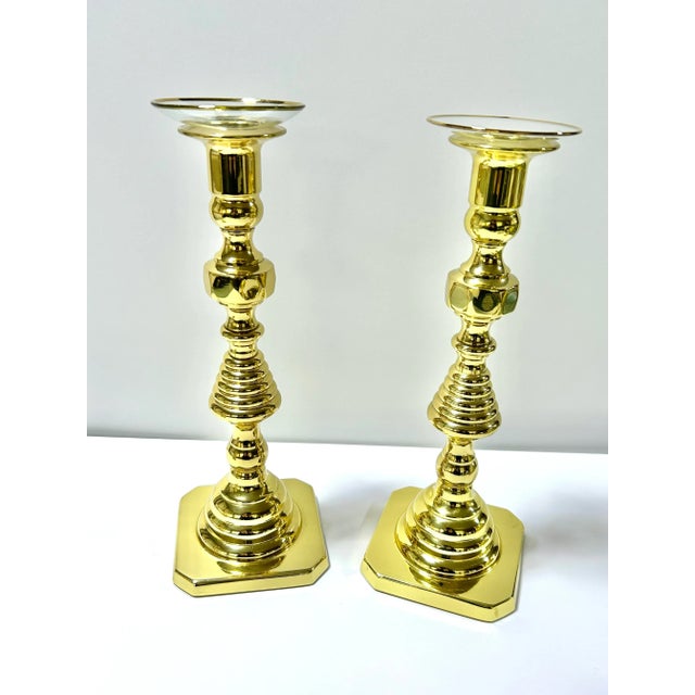 Baldwin Brass Candlesticks With Glass Bobeches – Set of 6 Vintage Brass Candle Holders For Sale - Image 4 of 12