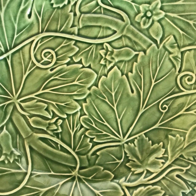 Vintage Bordallo Pinheiro green ceramic serving plate with basket weave and large grape leaf motif. Great addition to any...